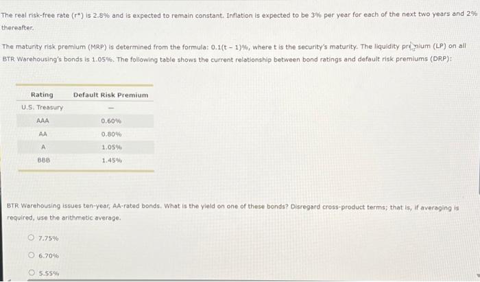 Solved The real risk-free rate (r*) is 2.8% and is expected | Chegg.com