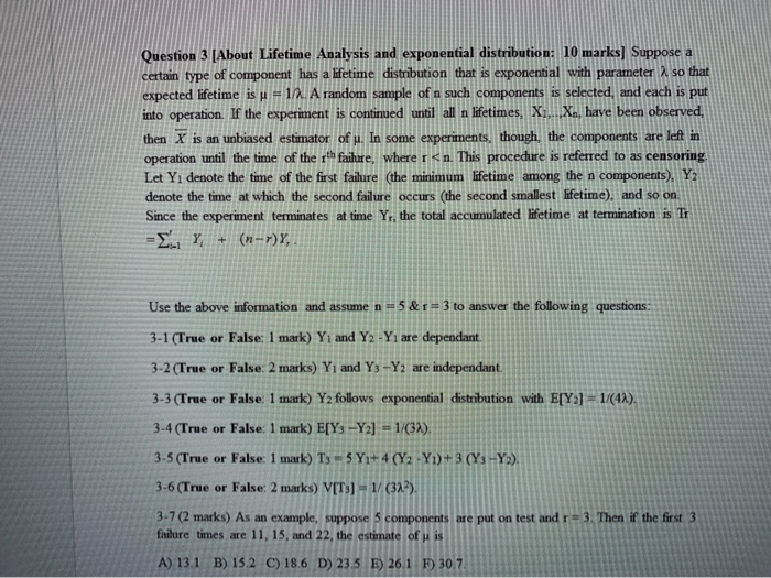 Question 3 (About Lifetime Analysis and exponential | Chegg.com