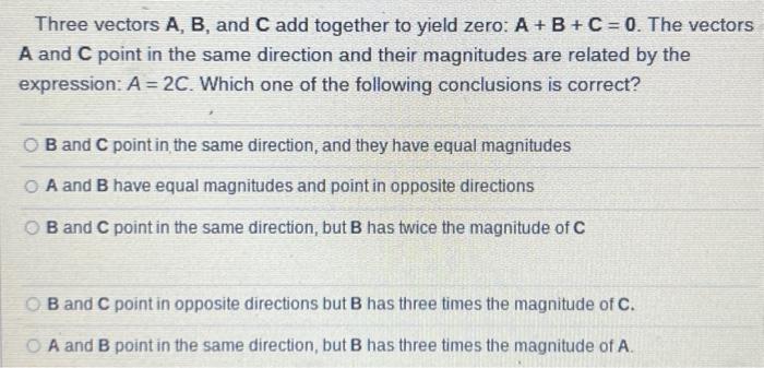 Solved Three vectors A,B, and C add together to yield zero: | Chegg.com