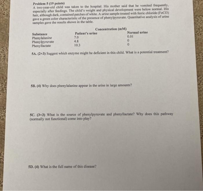 Problem 5 (19 points) A two-year-old child was taken to the hospital. His mother said that he vomited frequently, especially