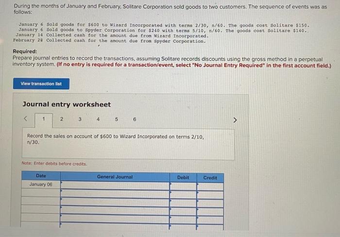 During the months of January and February, Solitare Corporation sold goods to two customers. The sequence of events was as fo
