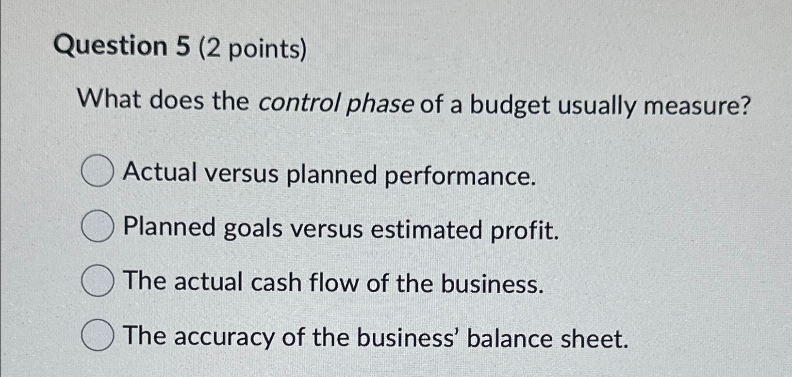 Solved Question 5 (2 ﻿points)What does the control phase of | Chegg.com