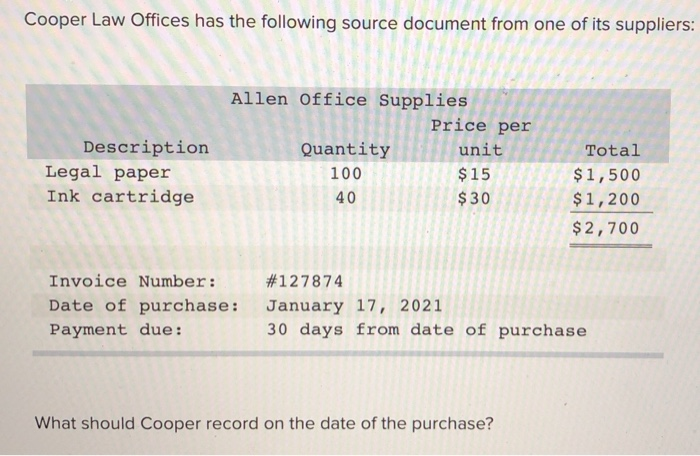 Solved Cooper Law Offices has the following source document | Chegg.com