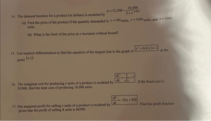 Solved 14. The demand function for a product (in dollars) is | Chegg.com