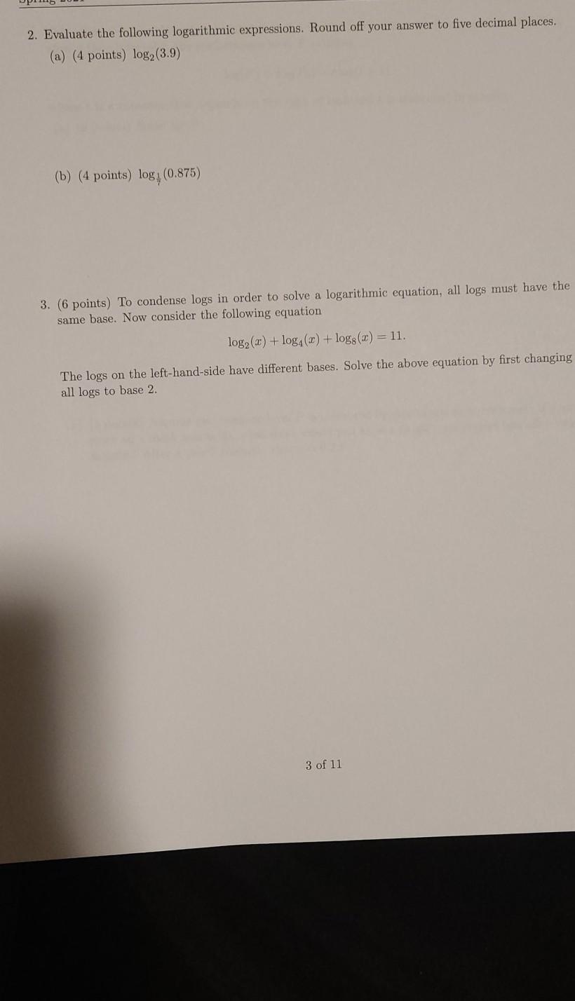 Solved 2. Evaluate the following logarithmic expressions. | Chegg.com