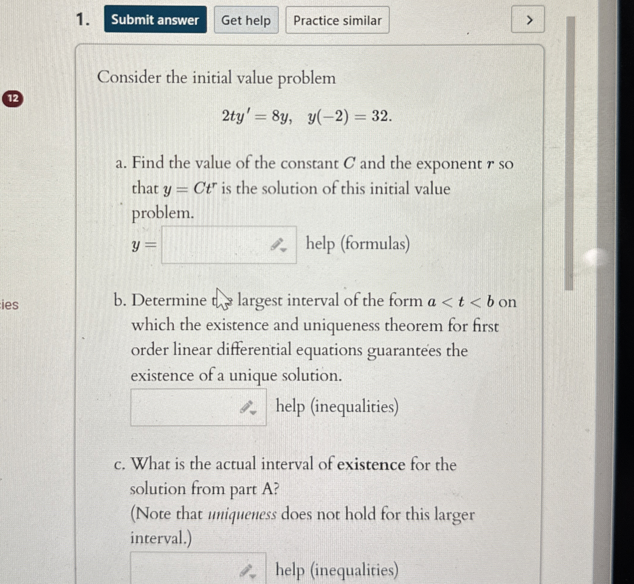Solved Consider the initial value problem2ty'=8y,y(-2)=32a. | Chegg.com