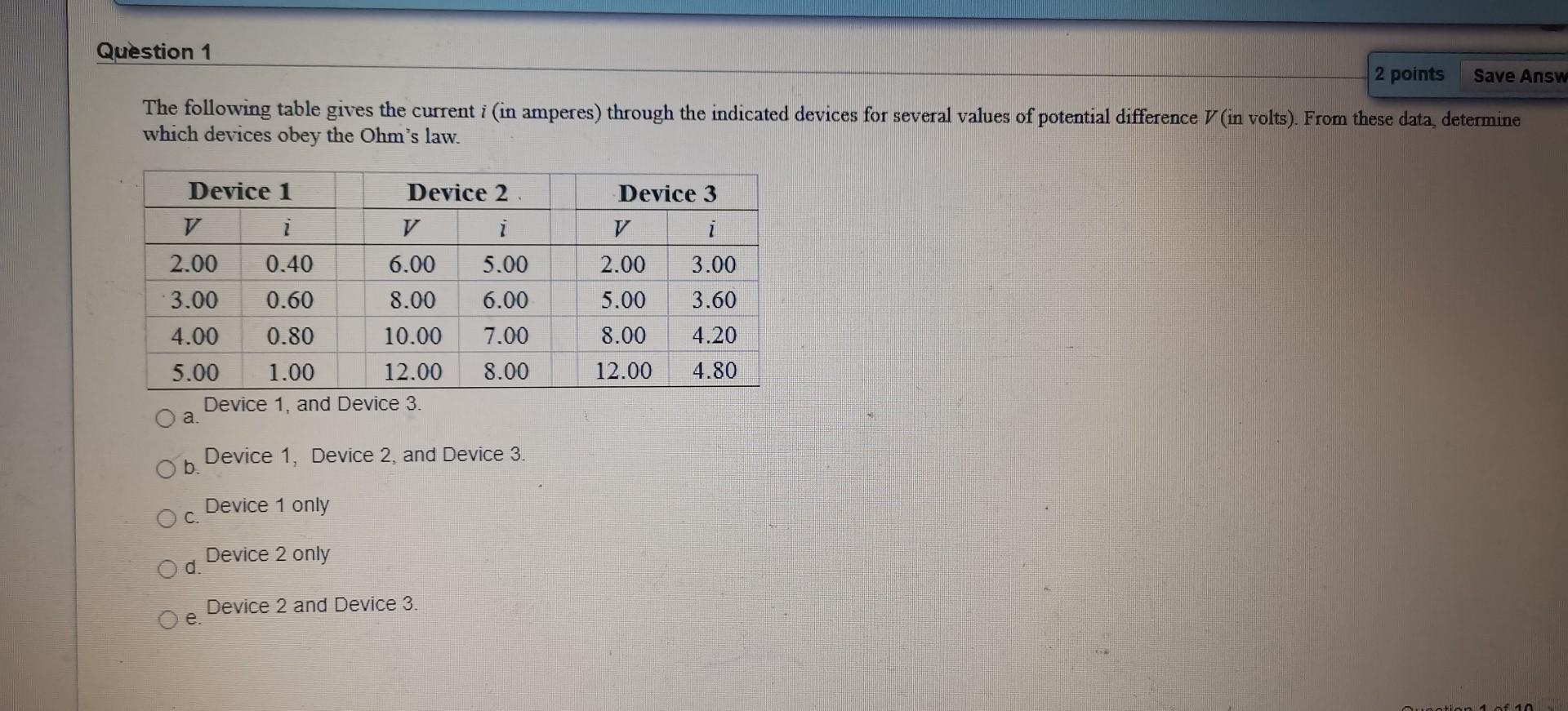 Solved Question 1 2 points Save Answ The following table | Chegg.com