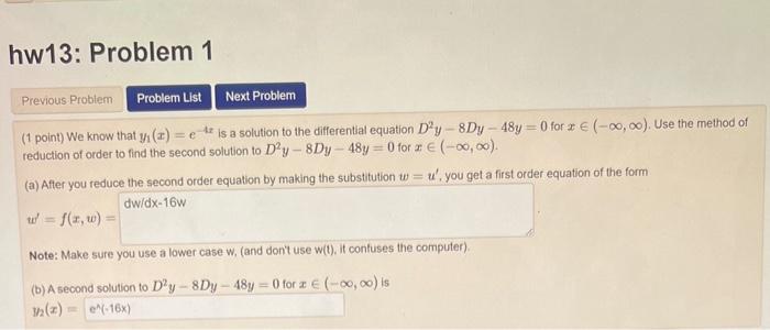 Solved 1 Point We Know That Y1xe−4x Is A Solution To 9274