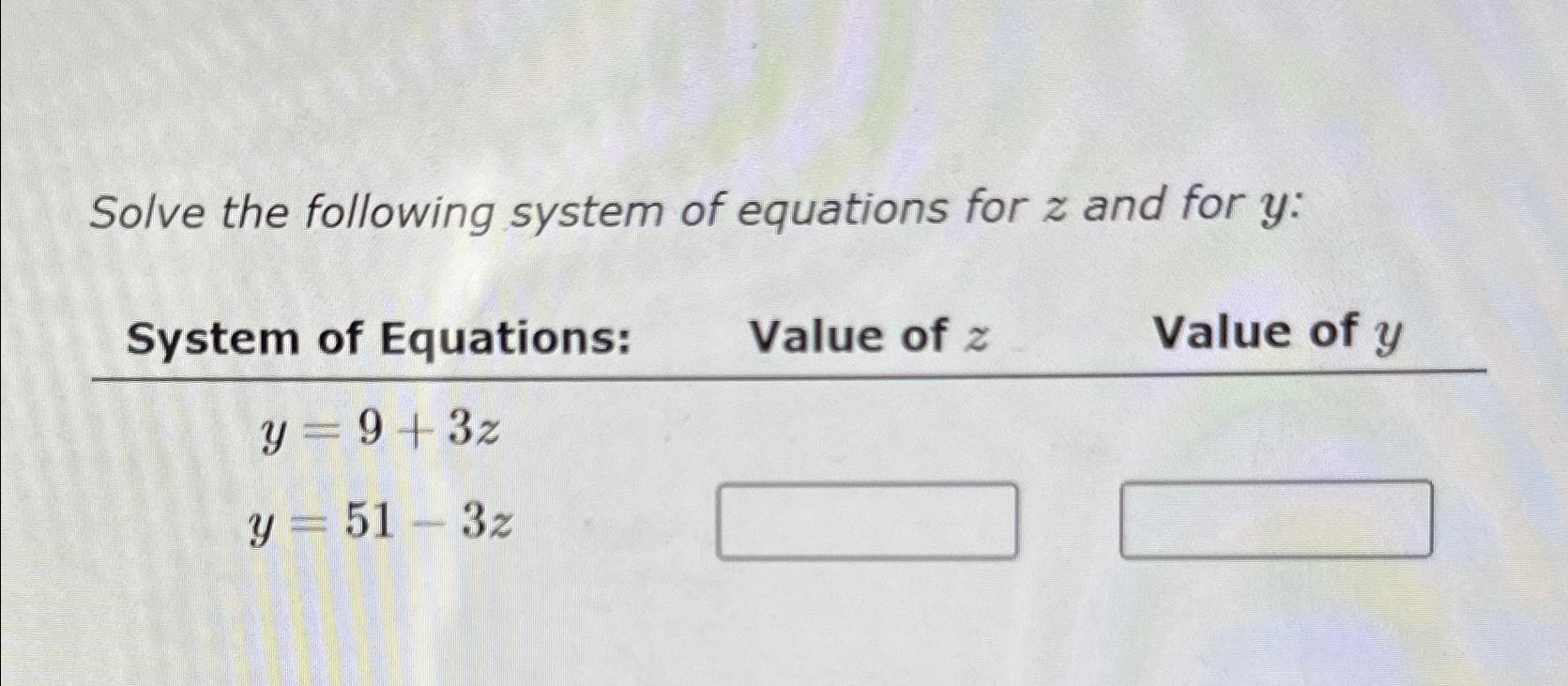 Solved Solve the following system of equations for z ﻿and | Chegg.com