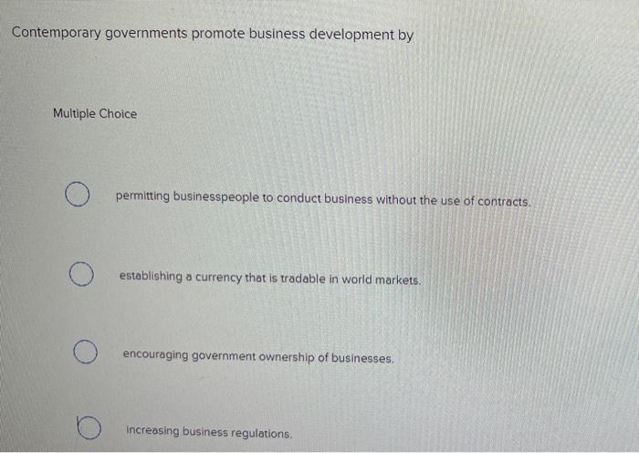 Solved Contemporary governments promote business development | Chegg.com