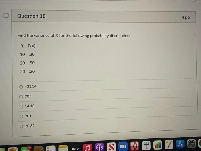 Solved Question 18 4 pts Find the variance of X for the | Chegg.com