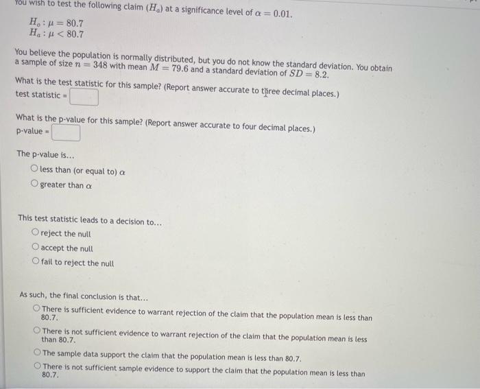 Solved You wish to test the following claim ( Ha ) at a | Chegg.com