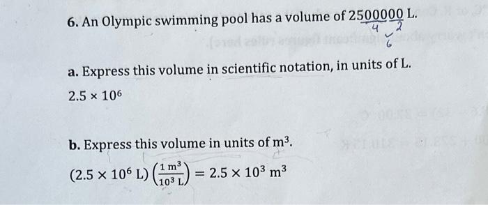 Solved 6. An Olympic swimming pool has a volume of | Chegg.com