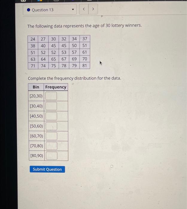 Solved The following data represents the age of 30 lottery | Chegg.com