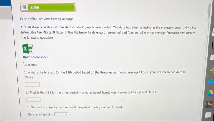 Excel Online Activity: Moving Average A retail store | Chegg.com