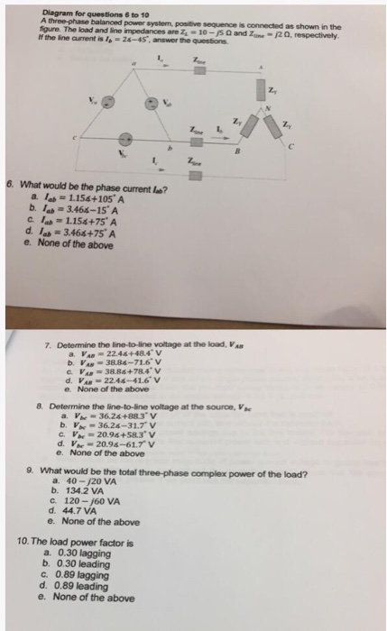 Solved Diagram for questions to 10 A three-phase balanced | Chegg.com