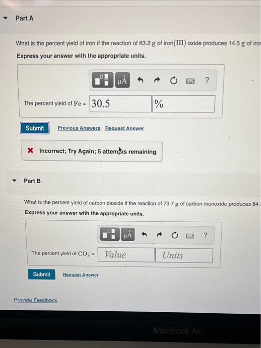 Solved Part A What is the percent yield of iron if the