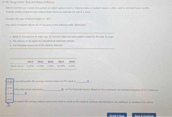 Solved Ch 08- Assignment- Risk And Rates Of Return Returns | Chegg.com