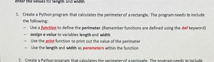 Solved enter the values for length and width 1. Create a | Chegg.com