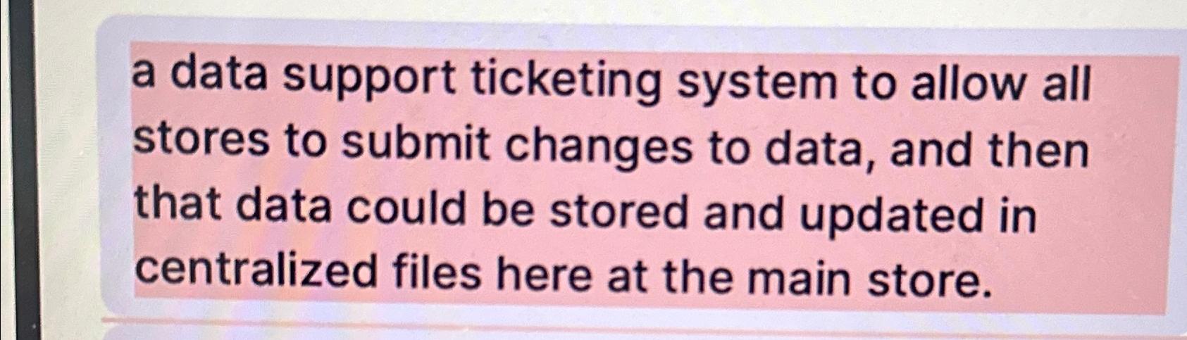 Solved a data support ticketing system to allow all stores | Chegg.com