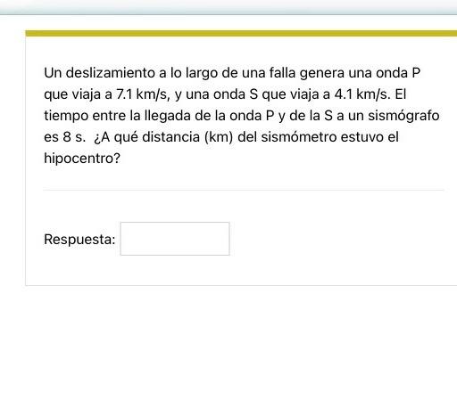 Un deslizamiento a lo largo de una falla genera una onda \( \mathrm{P} \) que viaja a \( 7.1 \mathrm{~km} / \mathrm{s} \), y