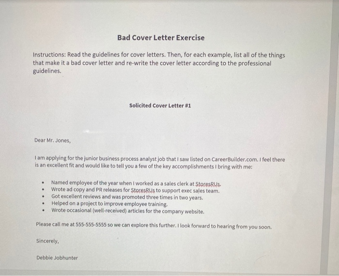 Bad Cover Letter Exercise Instructions Read The Chegg Com