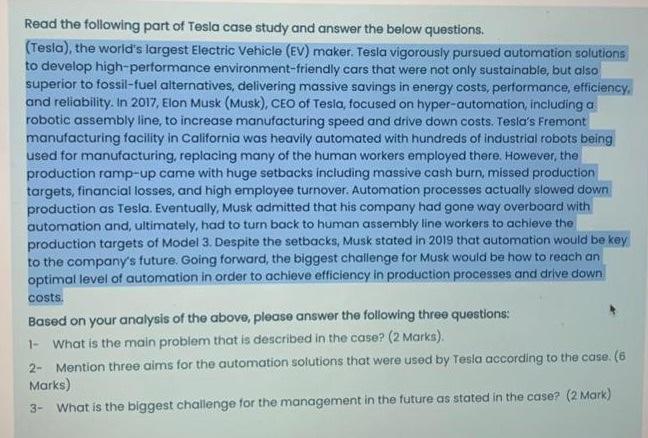 Solved Read The Following Part Of Tesla Case Study And | Chegg.com