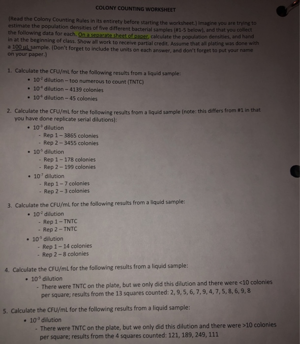 Solved COLONY COUNTING RULES 1. The equation for calculating | Chegg.com