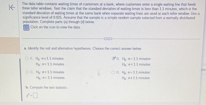Solved The data table contains waiting times of customers at | Chegg.com