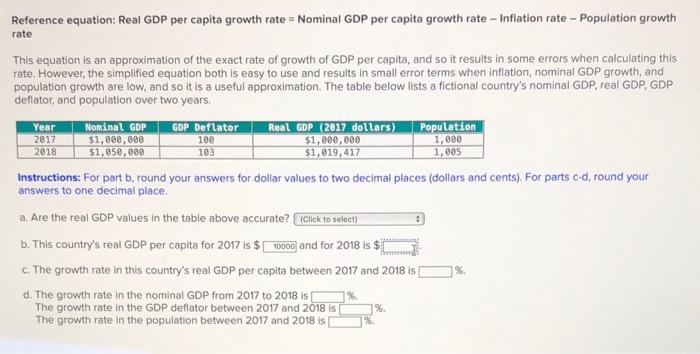 Solved Reference Equation: Real GDP Per Capita Growth Rate = | Chegg.com