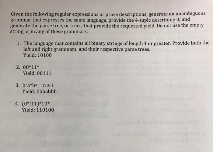 Given the following regular expressions or prose descriptions, generate an unambiguous grammar that expresses the same langua