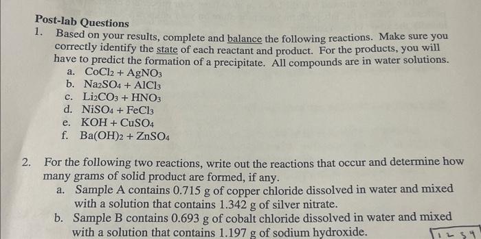 Solved Post-lab Questions 1. Based on your results, complete | Chegg.com