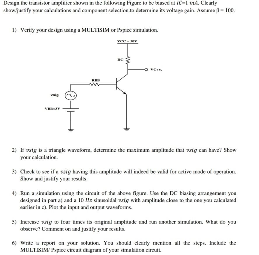 Solved Design the transistor amplifier shown in the | Chegg.com