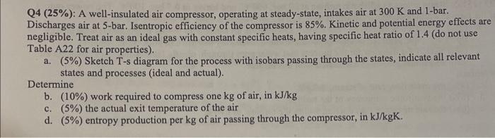 Solved Q4 (25%) : A well-insulated air compressor, operating | Chegg.com