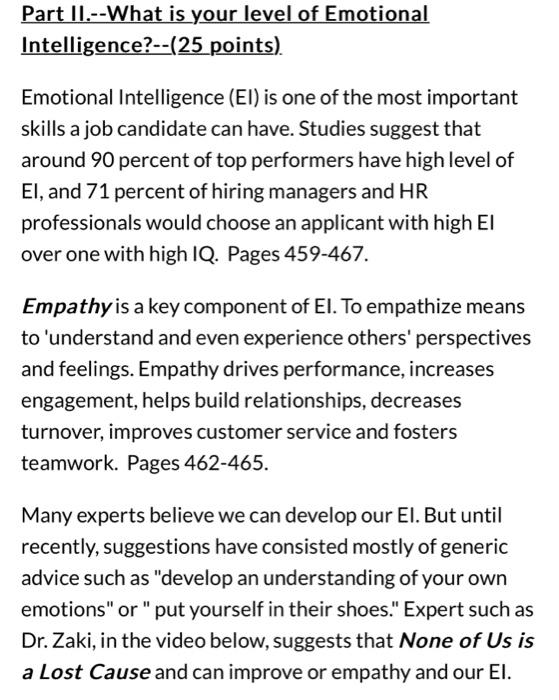Solved Part II.--What is your level of Emotional | Chegg.com