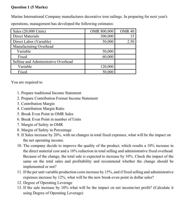 Solved Question 1 (5 Marks) Marine International Company | Chegg.com ...