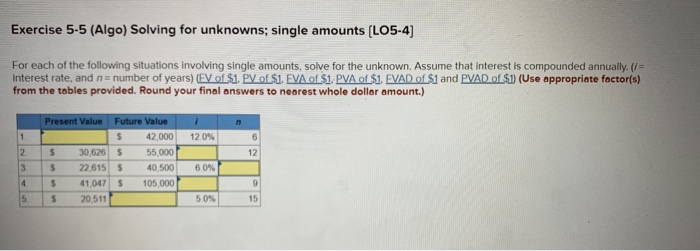 Solved Exercise 5-5 (Algo) Solving For Unknowns; Single | Chegg.com