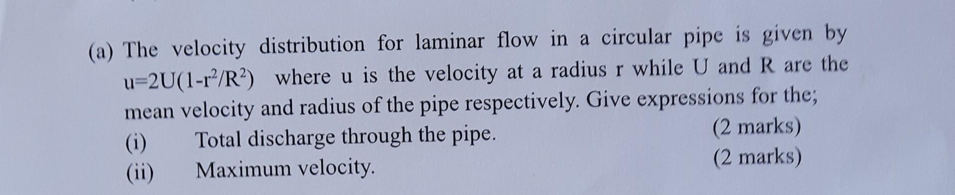 Solved (a) The velocity distribution for laminar flow in a | Chegg.com