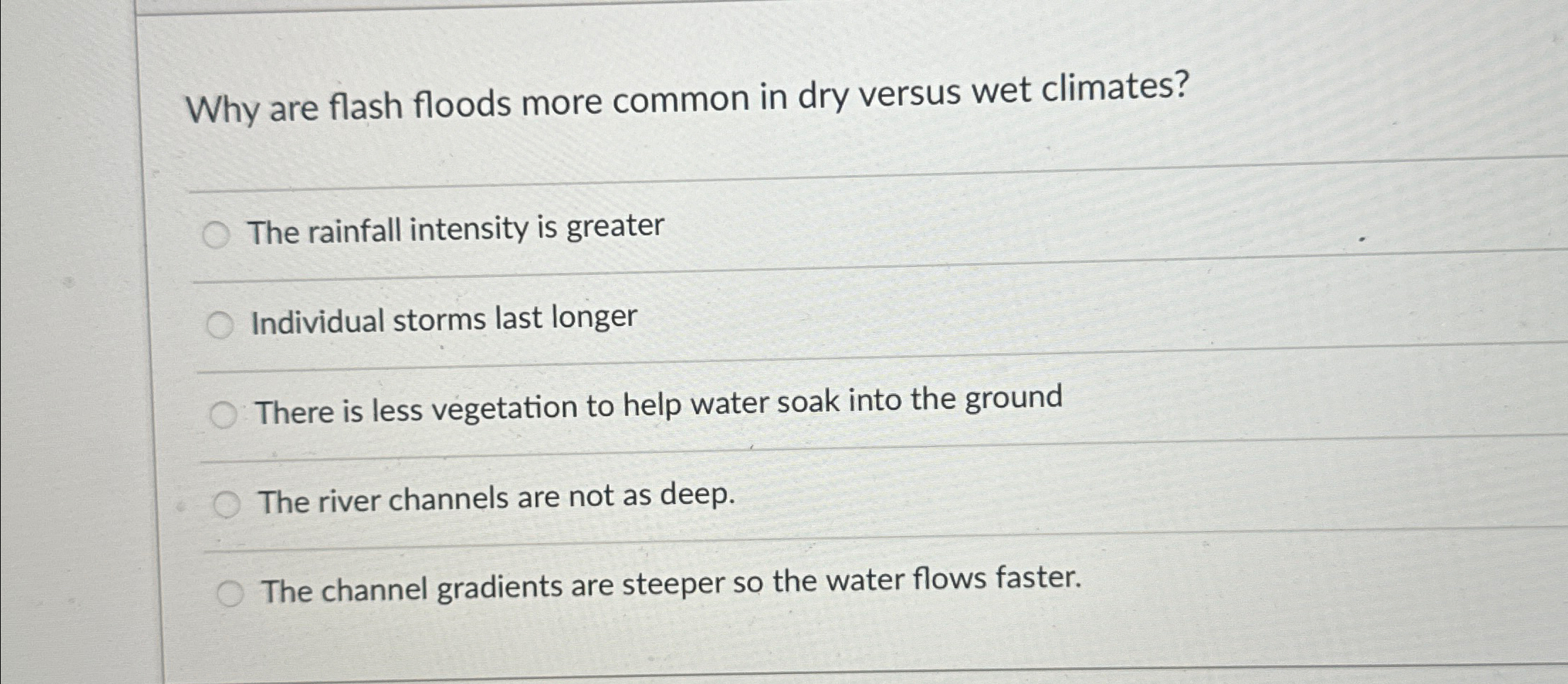 Solved Why are flash floods more common in dry versus wet | Chegg.com