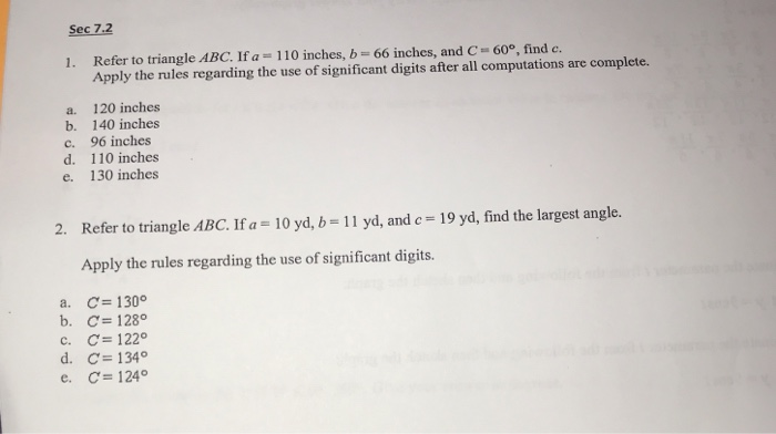 Solved Sec 7 2 1 Refer To Triangle Abc If A 110 Inche Chegg Sec 7 2 1 Refer To Triangle Abc If A