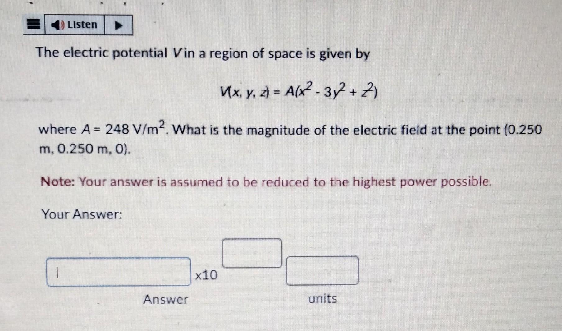 Solved The Electric Potential V In A Region Of Space Is