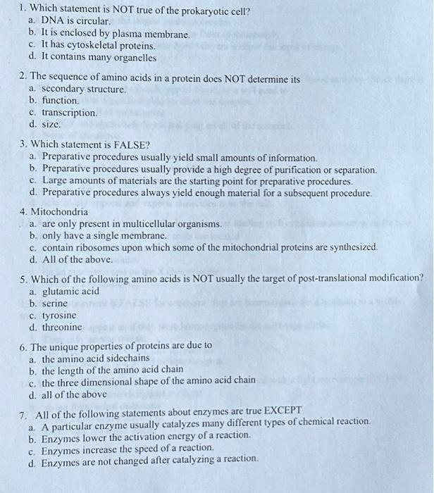 Solved 1. Which statement is NOT true of the prokaryotic