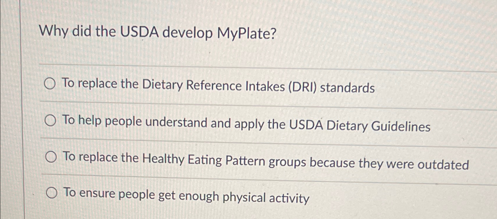 Solved Why did the USDA develop MyPlate?To replace the | Chegg.com