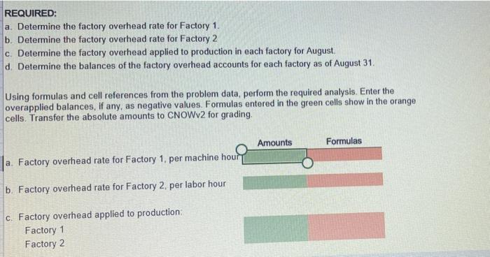 REQUIRED:
a. Determine the factory overhead rate for Factory 1.
b. Determine the factory overhead rate for Factory 2
c. Deter