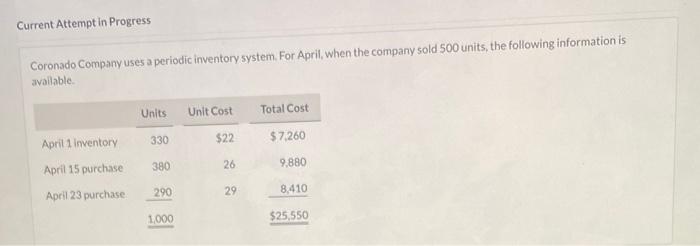 Current Attempt in Progress
Coronado Company uses a periodic inventory system. For April, when the company sold 500 units, th