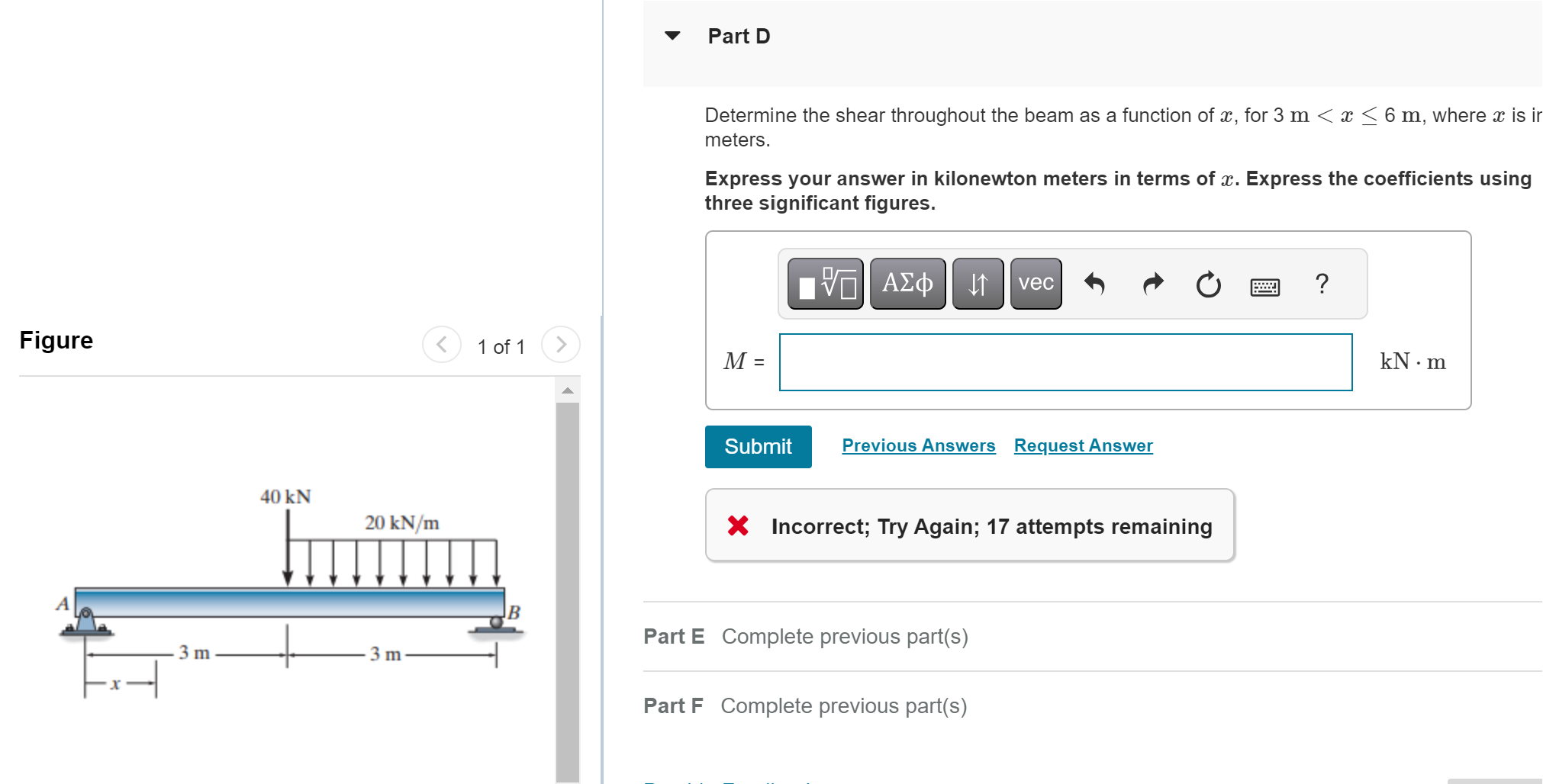 Shear Through Solved Part DDetermine the shear throughout the beam as a | Chegg.com