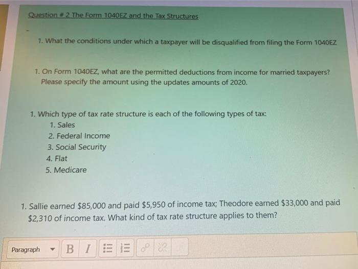 Solved Question 2 The Form 1040EZ and the Tax Structures 1. | Chegg.com