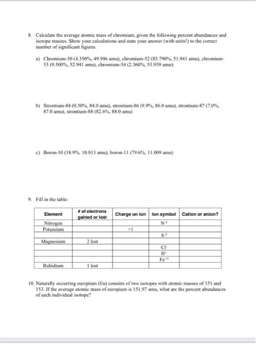 8. Calculate the average atomic mass of chromium, given the following percent abundances and isotope masses. Show your calcul