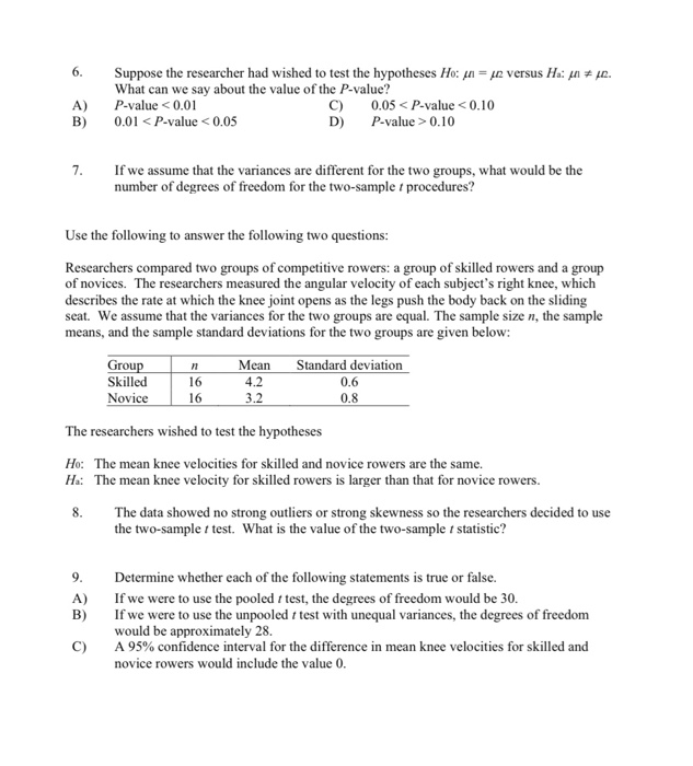 Solved 6. 7 . A) Suppose the researcher had wished to test | Chegg.com