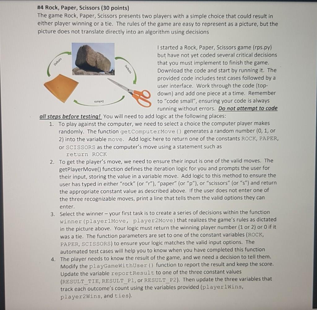Solved #4 Rock, Paper, Scissors (30 points) The game Rock, | Chegg.com